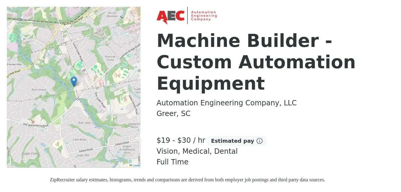 Automation Engineering Company, LLC job posting for a Machine Builder - Custom Automation Equipment in Greer, SC with a salary of $20 to $32 Hourly and benefits including dental, life_insurance, medical, pto, retirement, and vision with a map of Greer location.