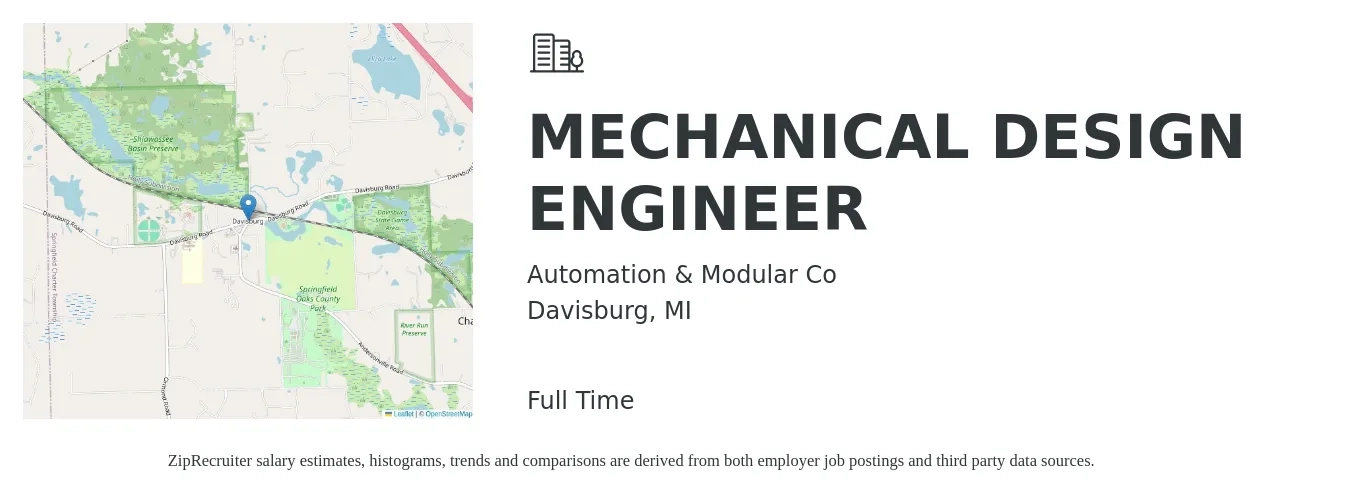 Automation & Modular Co job posting for a MECHANICAL DESIGN ENGINEER in Davisburg, MI with a salary of $70,200 to $95,100 Yearly with a map of Davisburg location.
