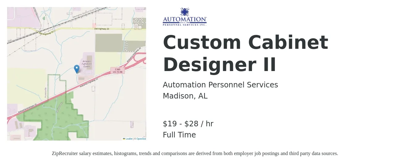 Automation Personnel Services job posting for a Custom Cabinet Designer II in Madison, AL with a salary of $20 to $30 Hourly with a map of Madison location.