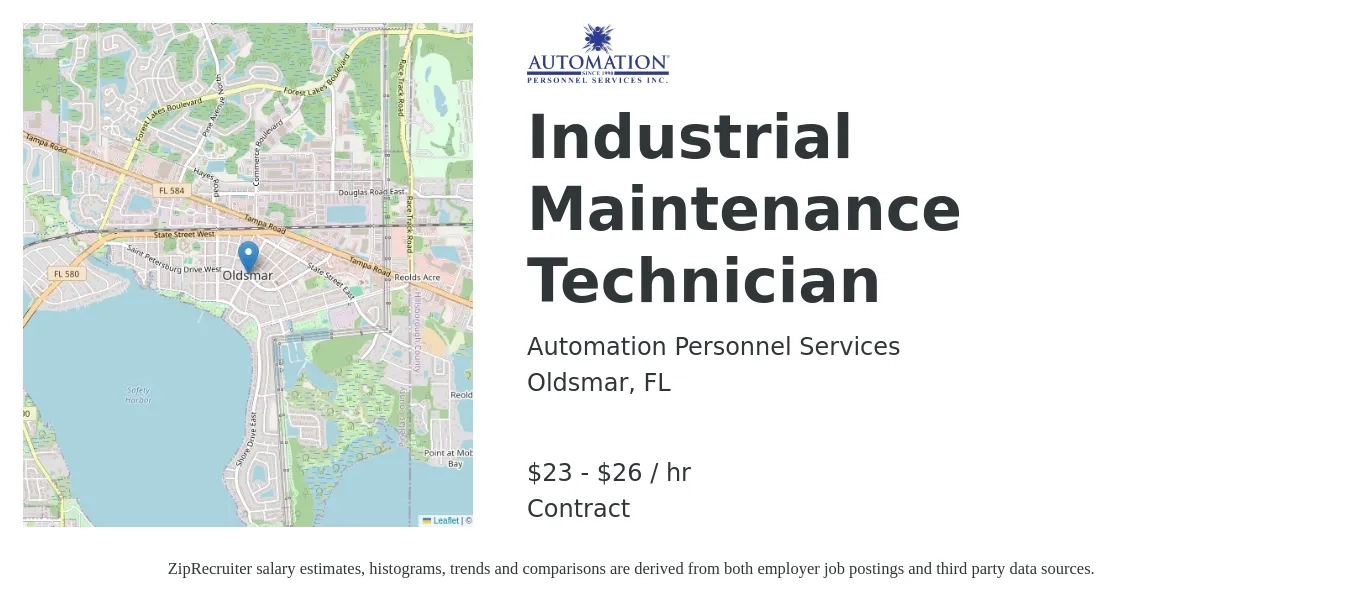 Automation Personnel Services job posting for a Industrial Maintenance Technician in Oldsmar, FL with a salary of $24 to $28 Hourly with a map of Oldsmar location.