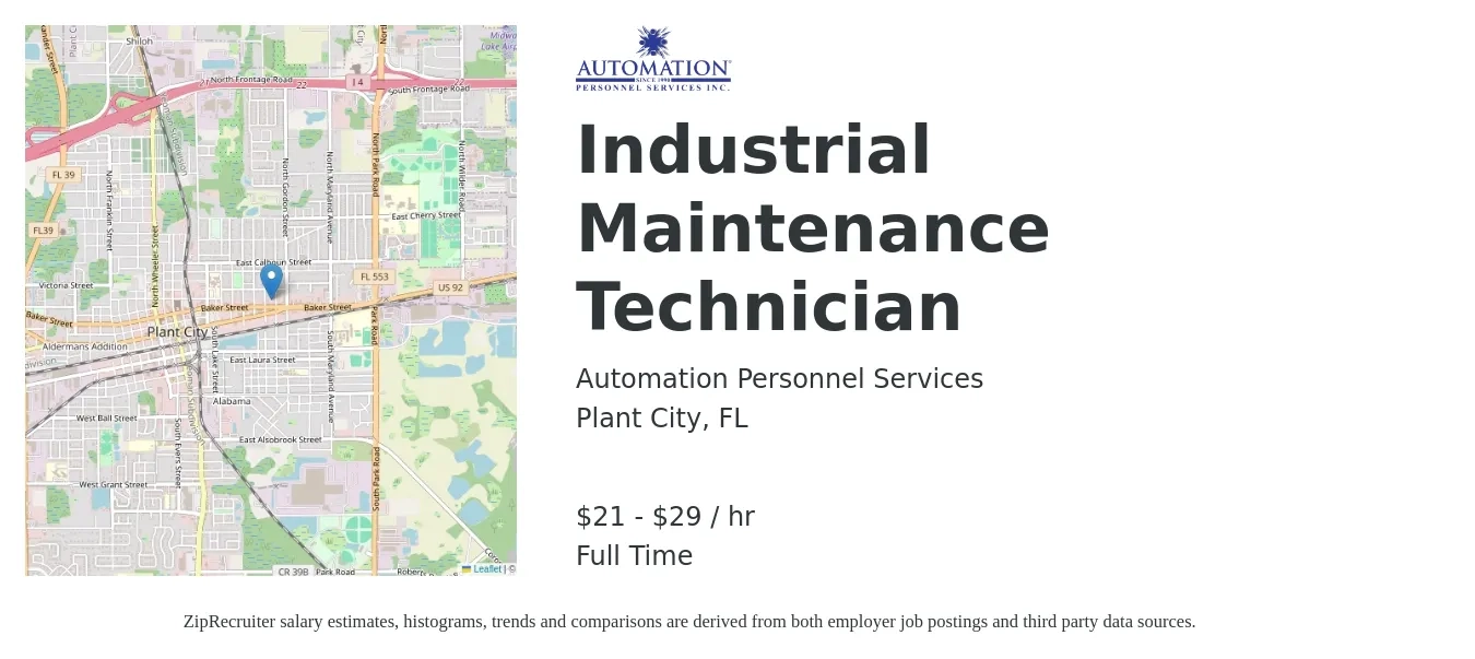 Automation Personnel Services job posting for a Industrial Maintenance Technician in Plant City, FL with a salary of $22 to $31 Hourly with a map of Plant City location.