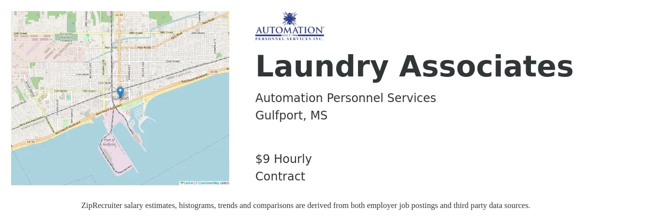 Automation Personnel Services job posting for a Laundry Associates in Gulfport, MS with a salary of $10 Hourly with a map of Gulfport location.