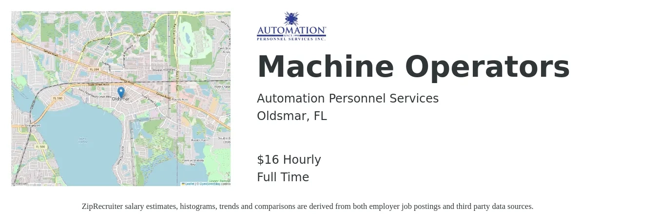 Automation Personnel Services job posting for a Machine Operators in Oldsmar, FL with a salary of $17 Hourly with a map of Oldsmar location.