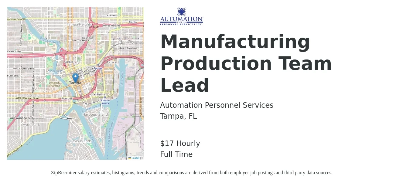 Automation Personnel Services job posting for a Manufacturing Production Team Lead in Tampa, FL with a salary of $18 Hourly with a map of Tampa location.