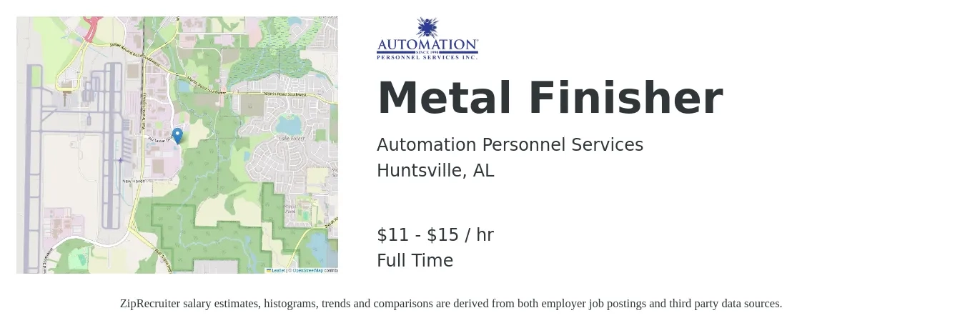 Automation Personnel Services job posting for a Metal Finisher in Huntsville, AL with a salary of $12 to $16 Hourly with a map of Huntsville location.