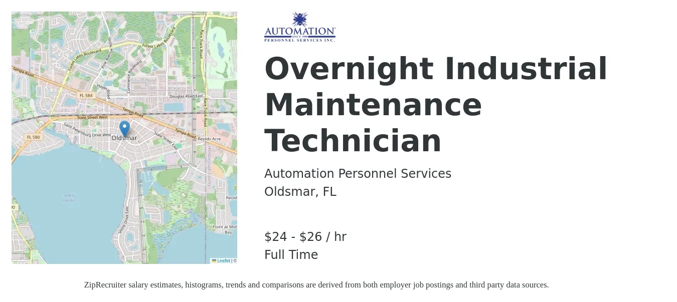 Automation Personnel Services job posting for a Overnight Industrial Maintenance Technician in Oldsmar, FL with a salary of $25 to $28 Hourly with a map of Oldsmar location.