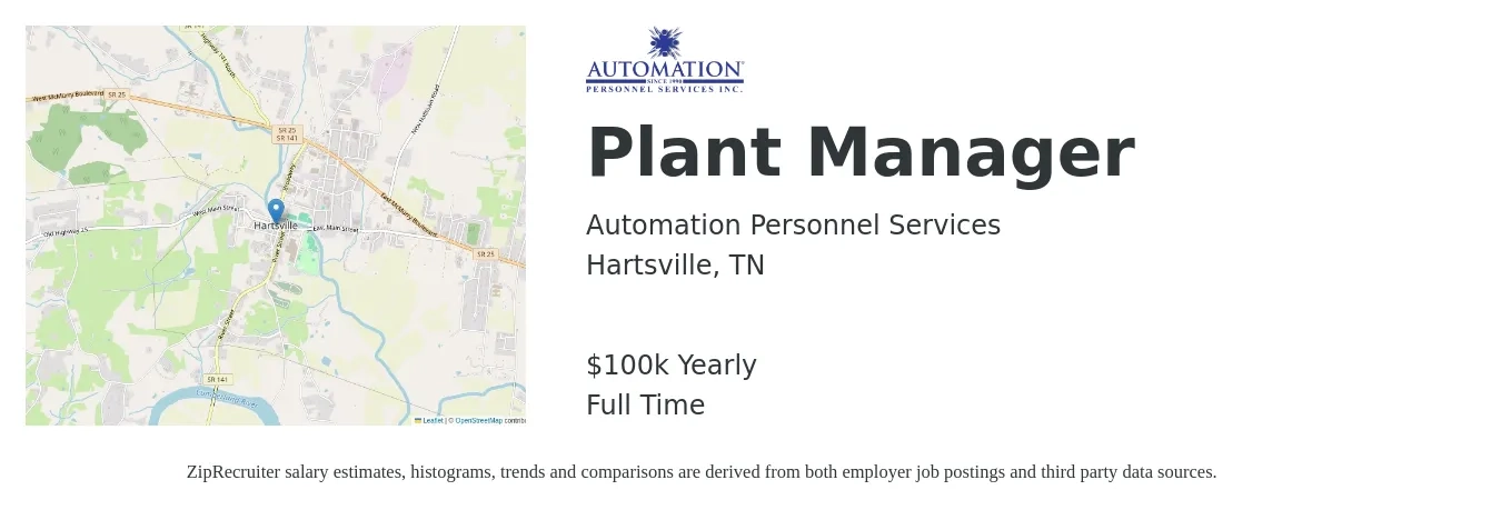 Automation Personnel Services job posting for a Plant Manager in Hartsville, TN with a salary of $100,000 Yearly with a map of Hartsville location.