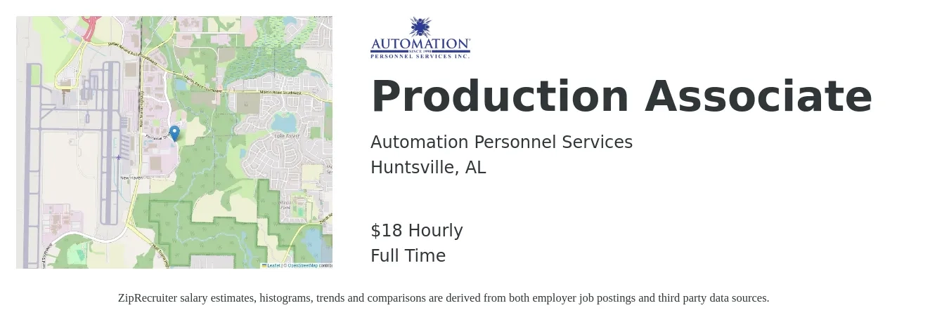 Automation Personnel Services job posting for a Production Associate in Huntsville, AL with a salary of $19 Hourly with a map of Huntsville location.