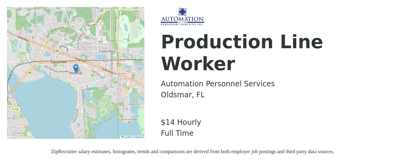 Automation Personnel Services job posting for a Production Line Worker in Oldsmar, FL with a salary of $15 Hourly with a map of Oldsmar location.
