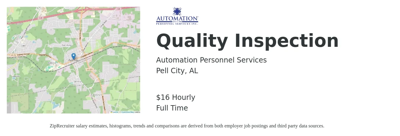 Automation Personnel Services job posting for a Quality Inspection in Pell City, AL with a salary of $17 Hourly with a map of Pell City location.