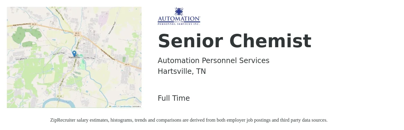 Automation Personnel Services job posting for a Senior Chemist in Hartsville, TN with a salary of $68,100 to $100,100 Yearly with a map of Hartsville location.