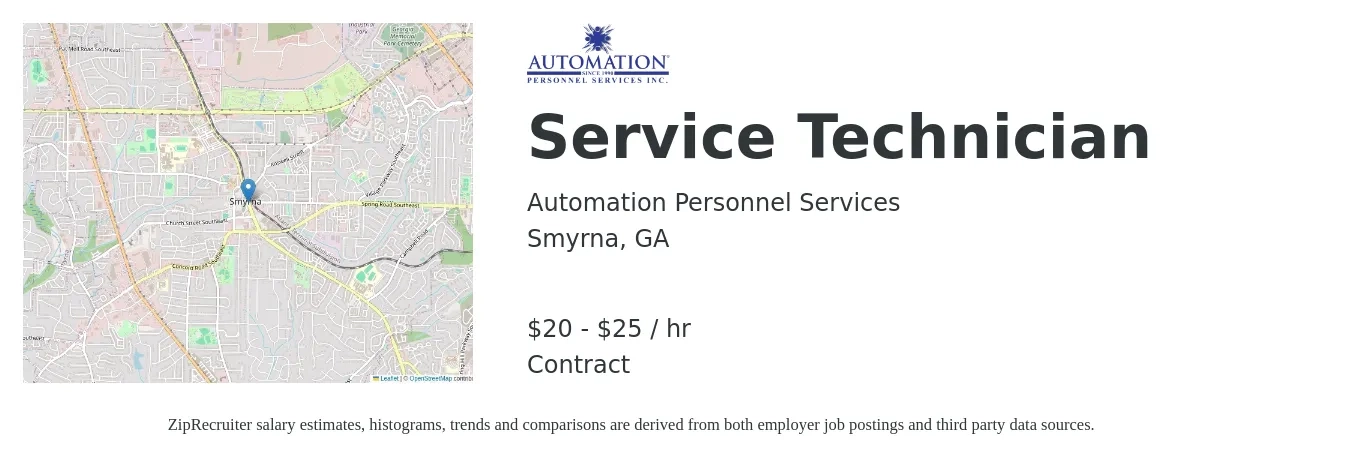 Automation Personnel Services job posting for a Service Technician in Smyrna, GA with a salary of $21 to $26 Hourly with a map of Smyrna location.