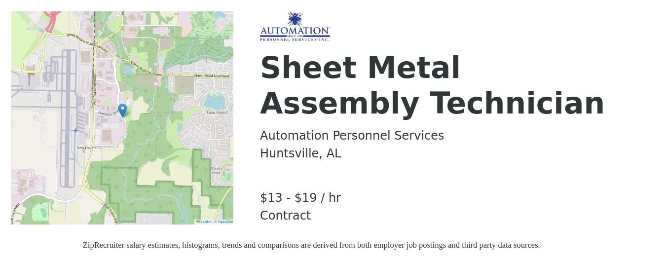 Automation Personnel Services job posting for a Sheet Metal Assembly Technician in Huntsville, AL with a salary of $14 to $20 Hourly with a map of Huntsville location.