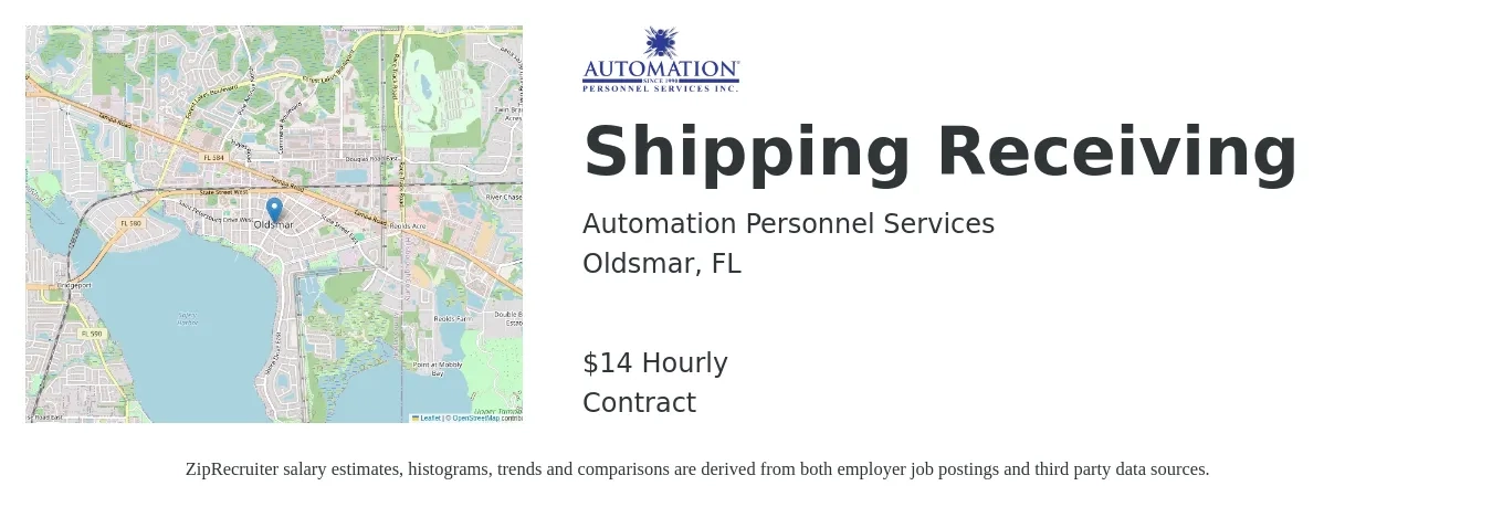 Automation Personnel Services job posting for a Shipping Receiving in Oldsmar, FL with a salary of $15 Hourly with a map of Oldsmar location.