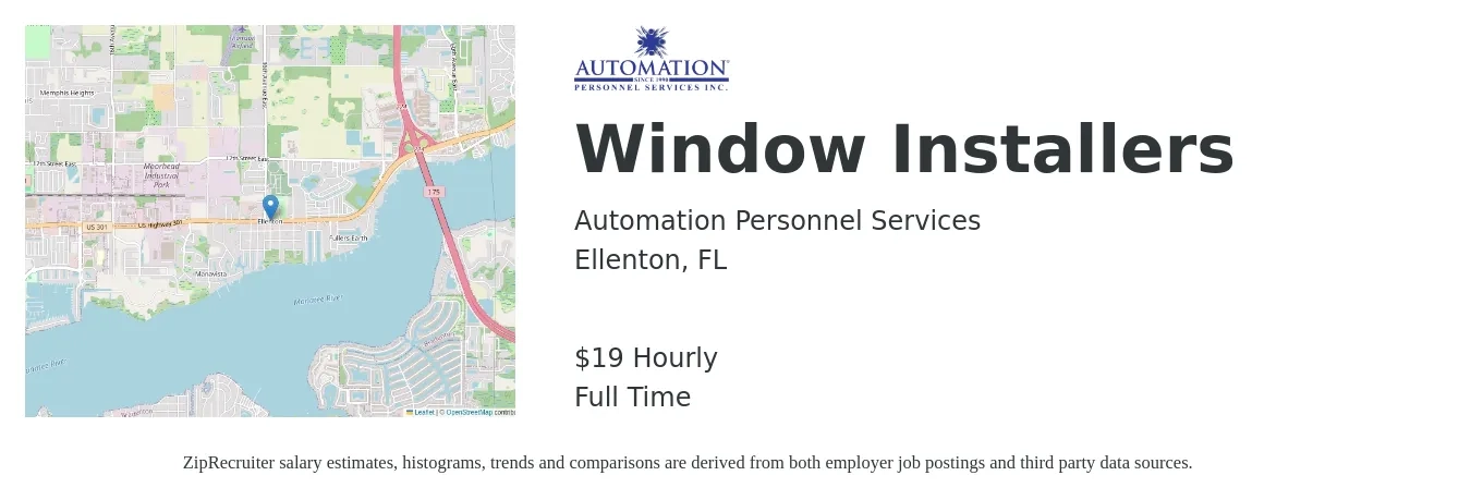 Automation Personnel Services job posting for a Window Installers in Ellenton, FL with a salary of $20 Hourly with a map of Ellenton location.