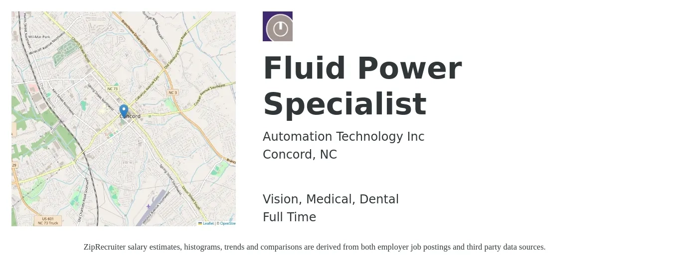 Automation Technology Inc job posting for a Fluid Power Specialist in Concord, NC and benefits including vision, dental, life_insurance, medical, and pto with a map of Concord location.