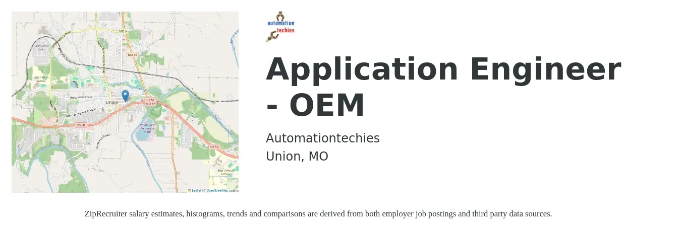 Automationtechies job posting for a Application Engineer - OEM in Union, MO with a salary of $75,400 to $121,200 Yearly with a map of Union location.