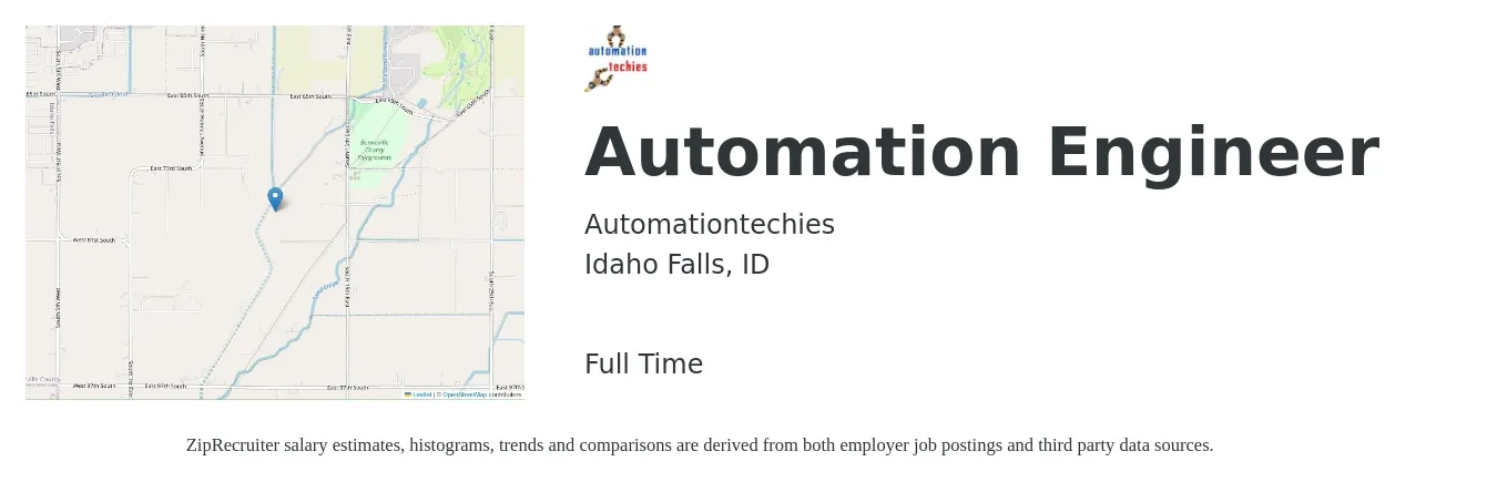 Automationtechies job posting for a Automation Engineer in Idaho Falls, ID with a salary of $83,100 to $118,600 Yearly with a map of Idaho Falls location.