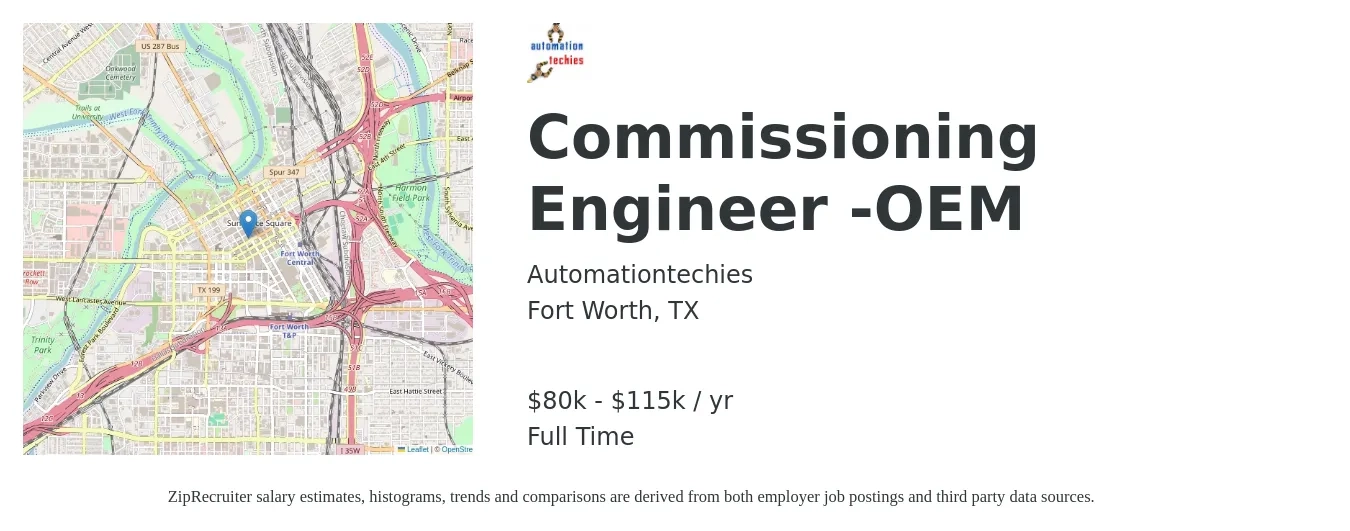 Automationtechies job posting for a Commissioning Engineer -OEM in Fort Worth, TX with a salary of $80,000 to $115,000 Yearly with a map of Fort Worth location.