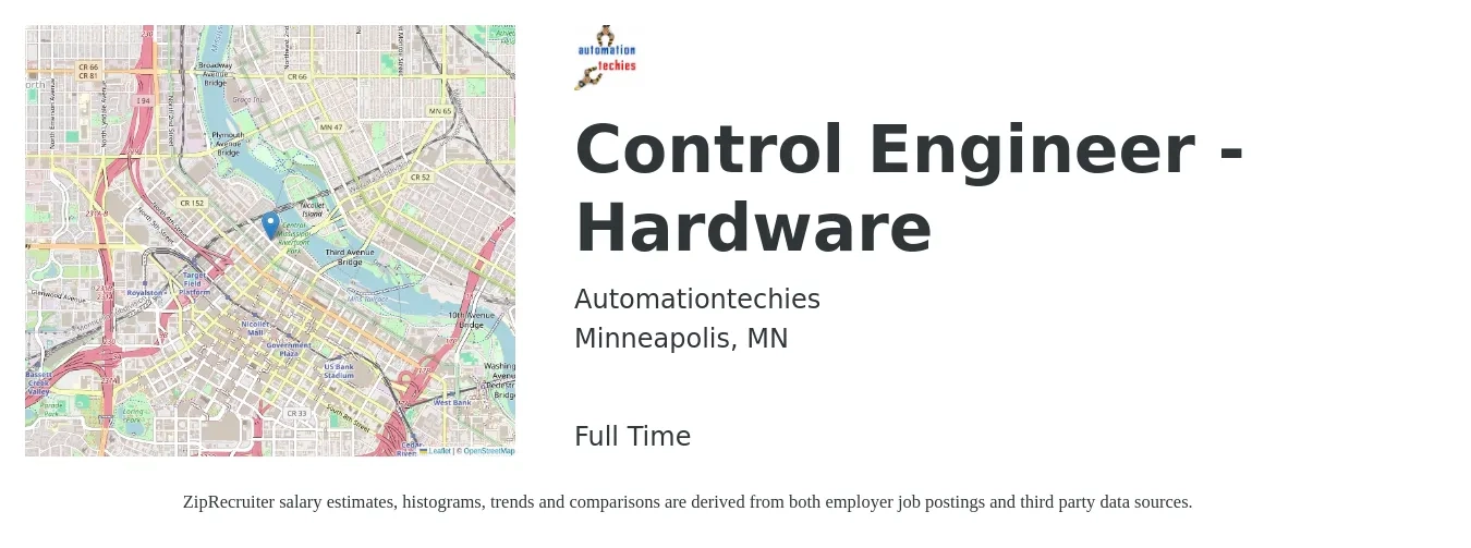 Automationtechies job posting for a Control Engineer - Hardware in Minneapolis, MN with a salary of $128,800 to $170,000 Yearly with a map of Minneapolis location.