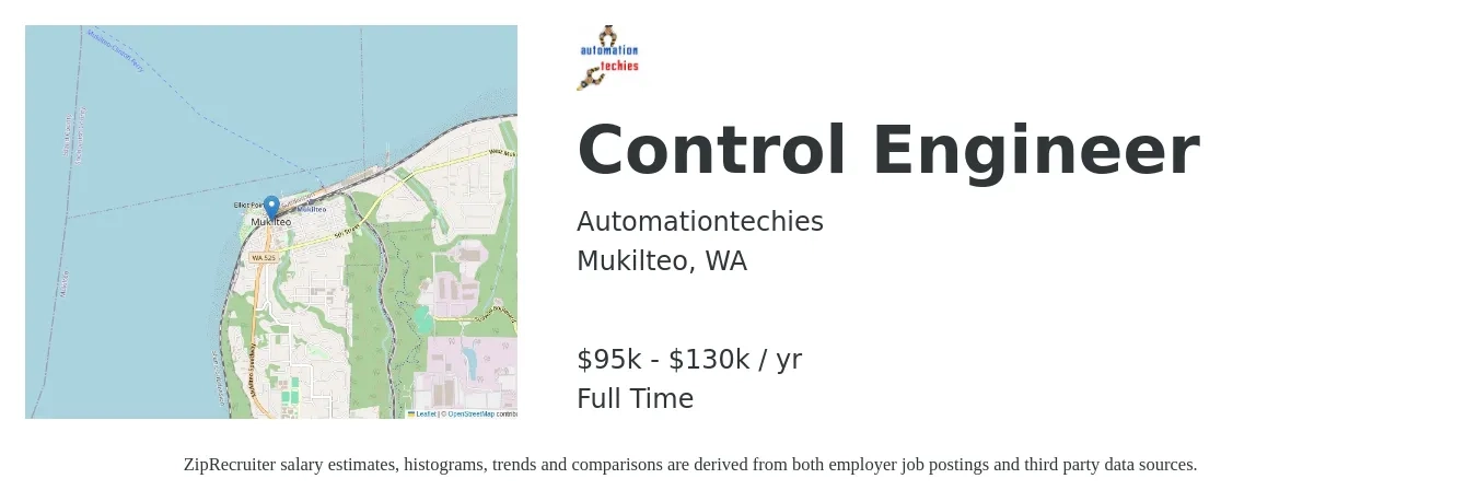 Automationtechies job posting for a Control Engineer in Mukilteo, WA with a salary of $95,000 to $130,000 Yearly with a map of Mukilteo location.
