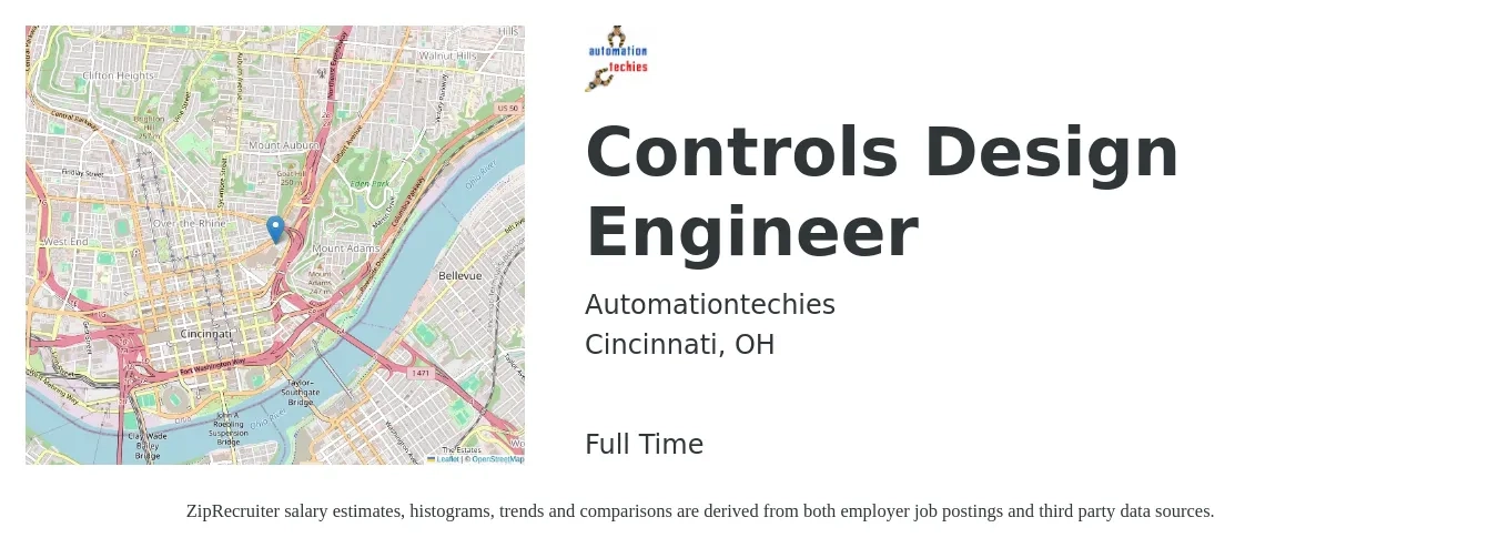 Automationtechies job posting for a Controls Design Engineer in Cincinnati, OH with a salary of $77,600 to $100,700 Yearly with a map of Cincinnati location.