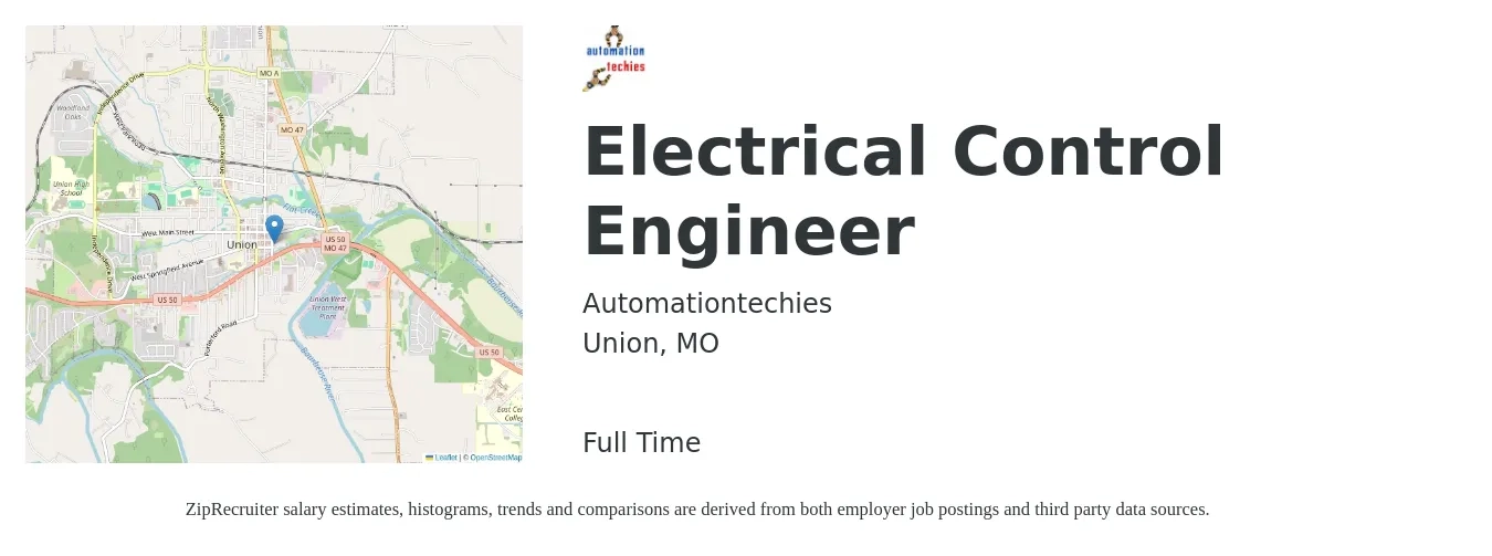 Automationtechies job posting for a Electrical Control Engineer in Union, MO with a salary of $71,800 to $96,000 Yearly with a map of Union location.