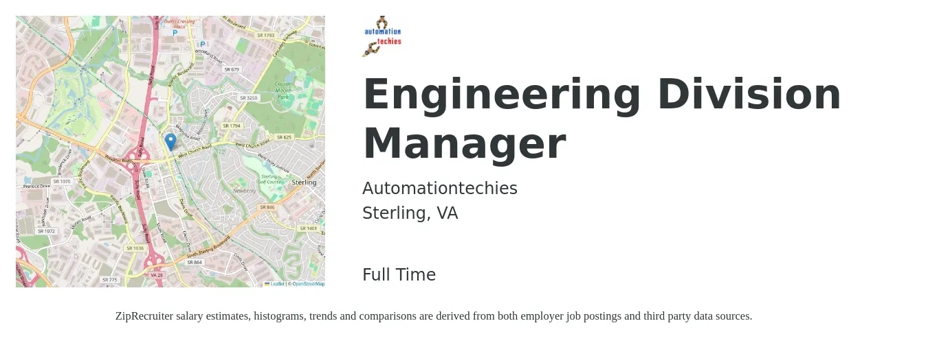Automationtechies job posting for a Engineering Division Manager in Sterling, VA with a salary of $117,600 to $174,700 Yearly with a map of Sterling location.