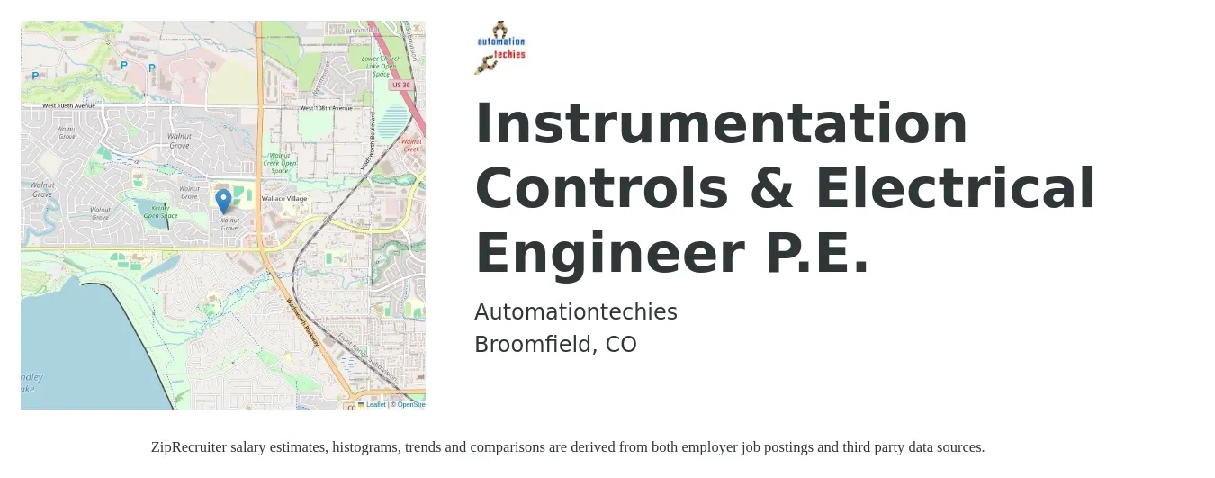 Automationtechies job posting for a Instrumentation Controls & Electrical Engineer P.E. in Broomfield, CO with a salary of $93,200 to $129,500 Yearly with a map of Broomfield location.