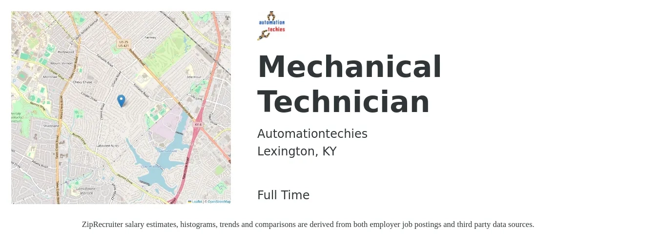Automationtechies job posting for a Mechanical Technician in Lexington, KY with a salary of $20 to $29 Hourly with a map of Lexington location.