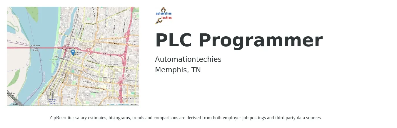 Automationtechies job posting for a PLC Programmer in Memphis, TN with a salary of $60,700 to $82,600 Yearly with a map of Memphis location.