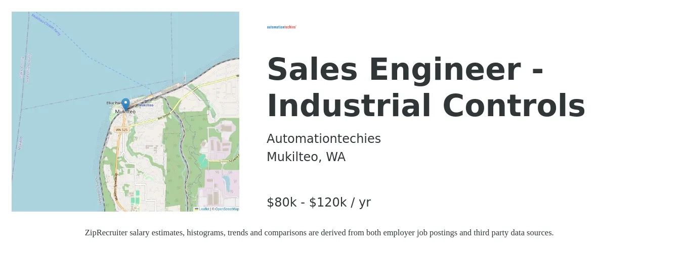 Automationtechies job posting for a Sales Engineer - Industrial Controls in Mukilteo, WA with a salary of $80,000 to $120,000 Yearly with a map of Mukilteo location.