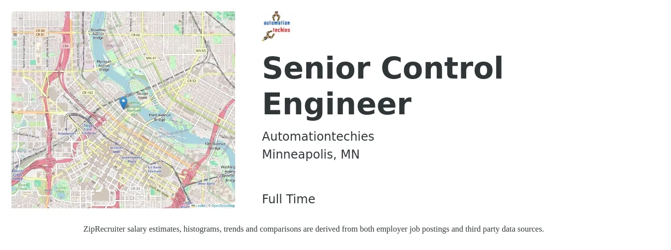 Automationtechies job posting for a Senior Control Engineer in Minneapolis, MN with a salary of $174,200 to $180,500 Yearly with a map of Minneapolis location.