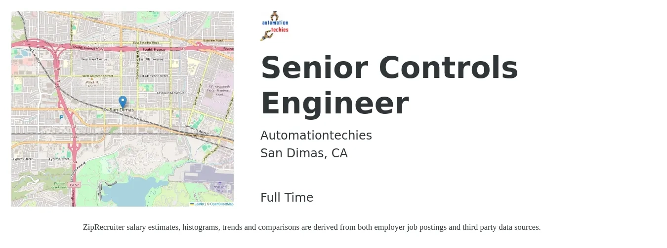Automationtechies job posting for a Senior Controls Engineer in San Dimas, CA with a salary of $97,100 to $128,200 Yearly with a map of San Dimas location.