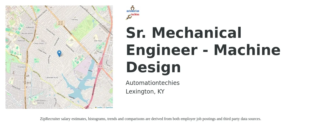 Automationtechies job posting for a Sr. Mechanical Engineer - Machine Design in Lexington, KY with a salary of $88,700 to $122,200 Yearly with a map of Lexington location.