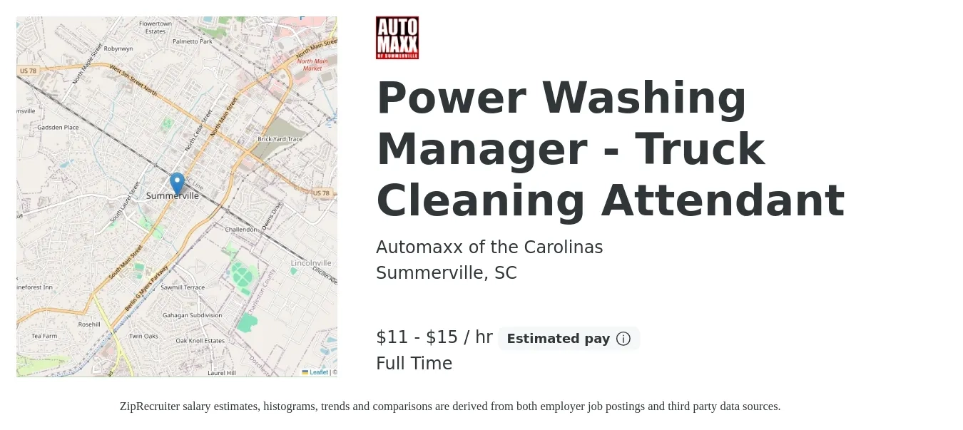 Automaxx of the Carolinas job posting for a Power Washing Manager - Truck Cleaning Attendant in Summerville, SC with a salary of $12 to $16 Hourly with a map of Summerville location.