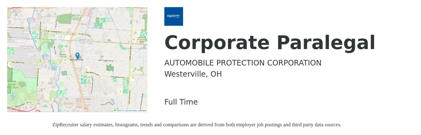 AUTOMOBILE PROTECTION CORPORATION job posting for a Corporate Paralegal in Westerville, OH with a salary of $68,900 to $92,100 Yearly with a map of Westerville location.