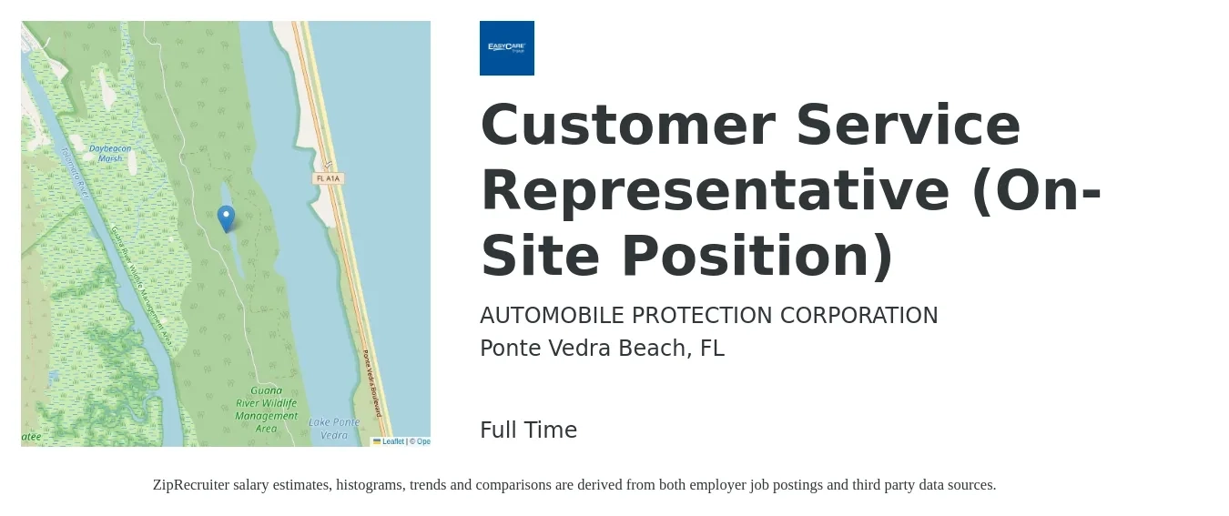 AUTOMOBILE PROTECTION CORPORATION job posting for a Customer Service Representative (On-Site Position) in Ponte Vedra Beach, FL with a salary of $15 to $20 Hourly with a map of Ponte Vedra Beach location.