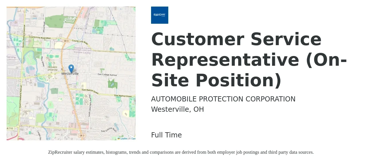 AUTOMOBILE PROTECTION CORPORATION job posting for a Customer Service Representative (On-Site Position) in Westerville, OH with a salary of $16 to $21 Hourly with a map of Westerville location.