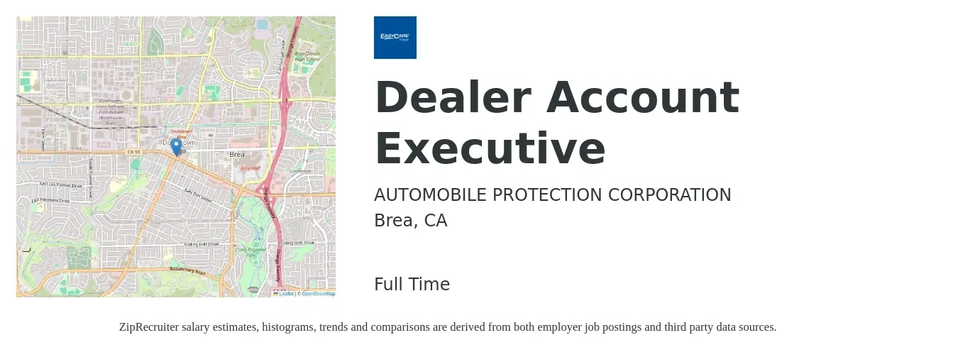 AUTOMOBILE PROTECTION CORPORATION job posting for a Dealer Account Executive in Brea, CA with a salary of $87,000 Yearly with a map of Brea location.