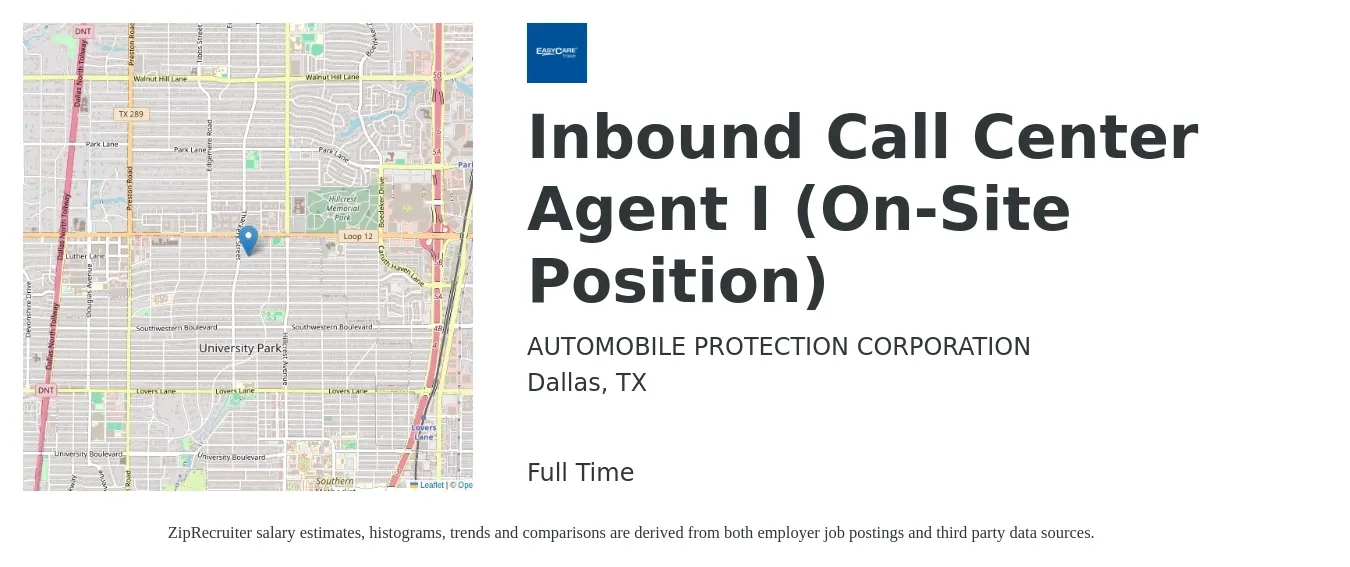 AUTOMOBILE PROTECTION CORPORATION job posting for a Inbound Call Center Agent I (On-Site Position) in Dallas, TX with a salary of $13 to $16 Hourly with a map of Dallas location.