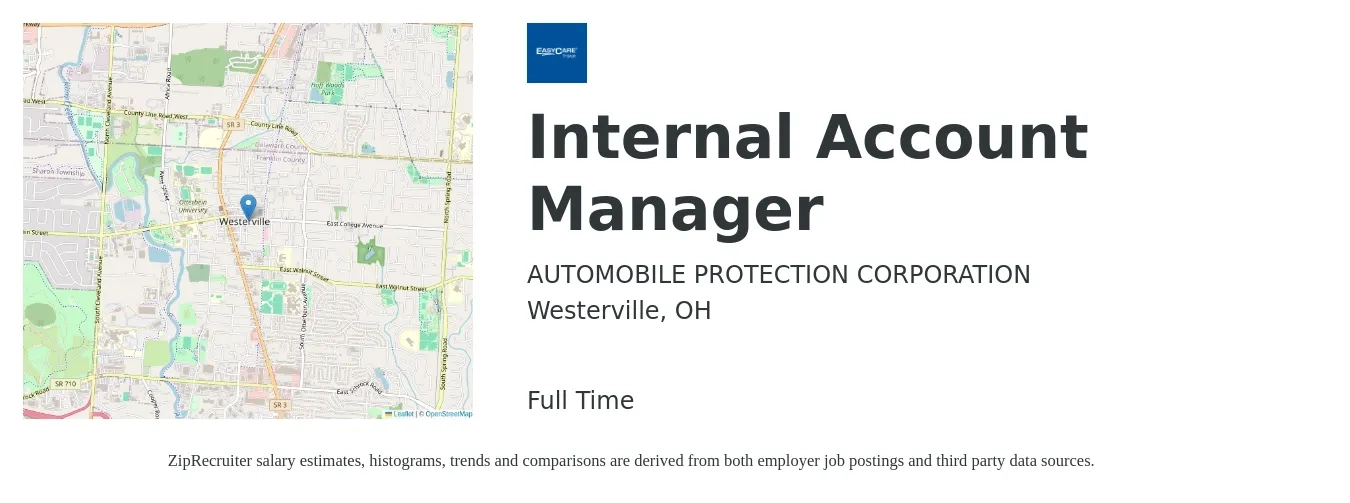 AUTOMOBILE PROTECTION CORPORATION job posting for a Internal Account Manager in Westerville, OH with a salary of $46,600 to $76,100 Yearly with a map of Westerville location.
