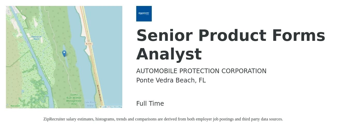 AUTOMOBILE PROTECTION CORPORATION job posting for a Senior Product Forms Analyst in Ponte Vedra Beach, FL with a salary of $41 to $63 Hourly with a map of Ponte Vedra Beach location.