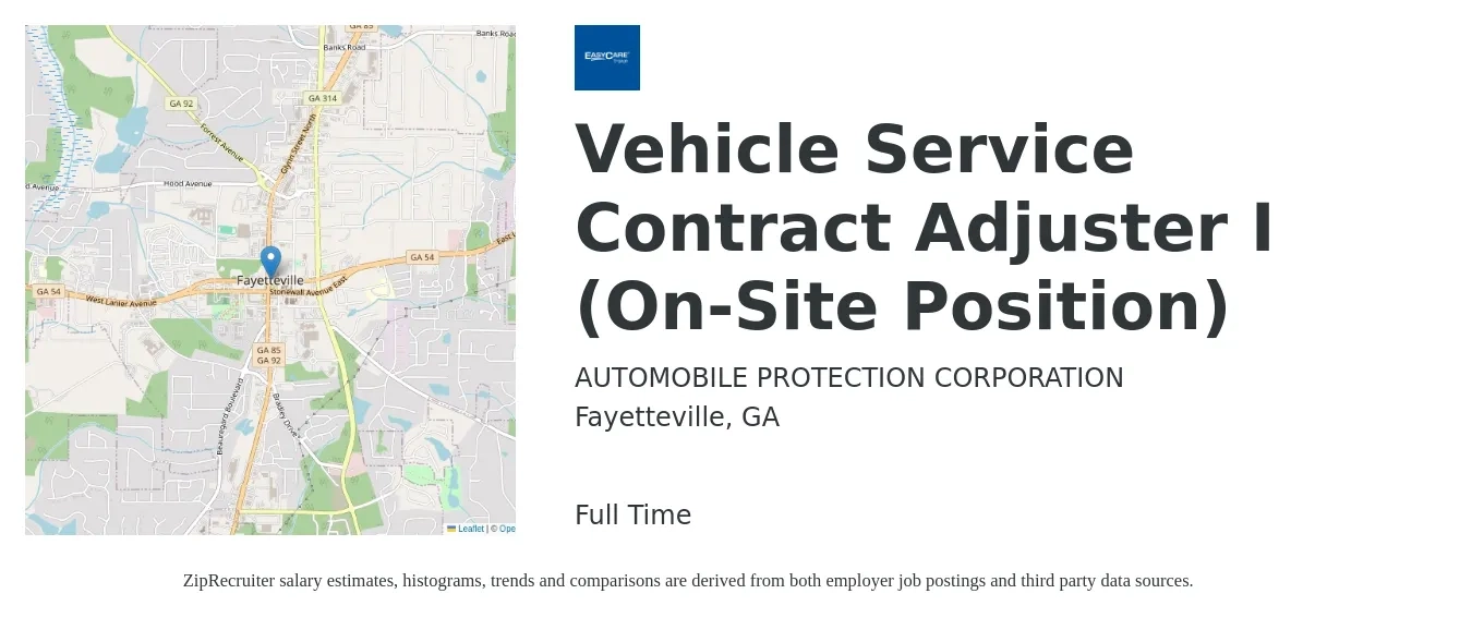AUTOMOBILE PROTECTION CORPORATION job posting for a Vehicle Service Contract Adjuster I (On-Site Position) in Fayetteville, GA with a salary of $45,600 to $59,400 Yearly with a map of Fayetteville location.