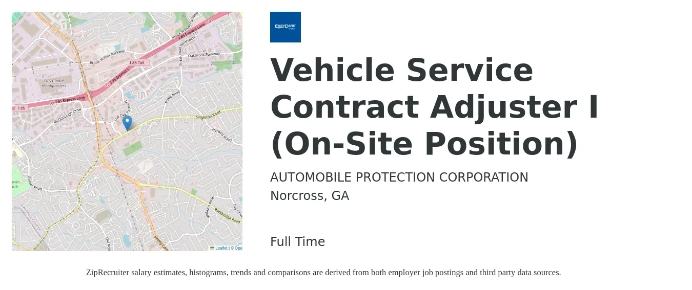 AUTOMOBILE PROTECTION CORPORATION job posting for a Vehicle Service Contract Adjuster I (On-Site Position) in Norcross, GA with a salary of $46,400 to $60,500 Yearly with a map of Norcross location.