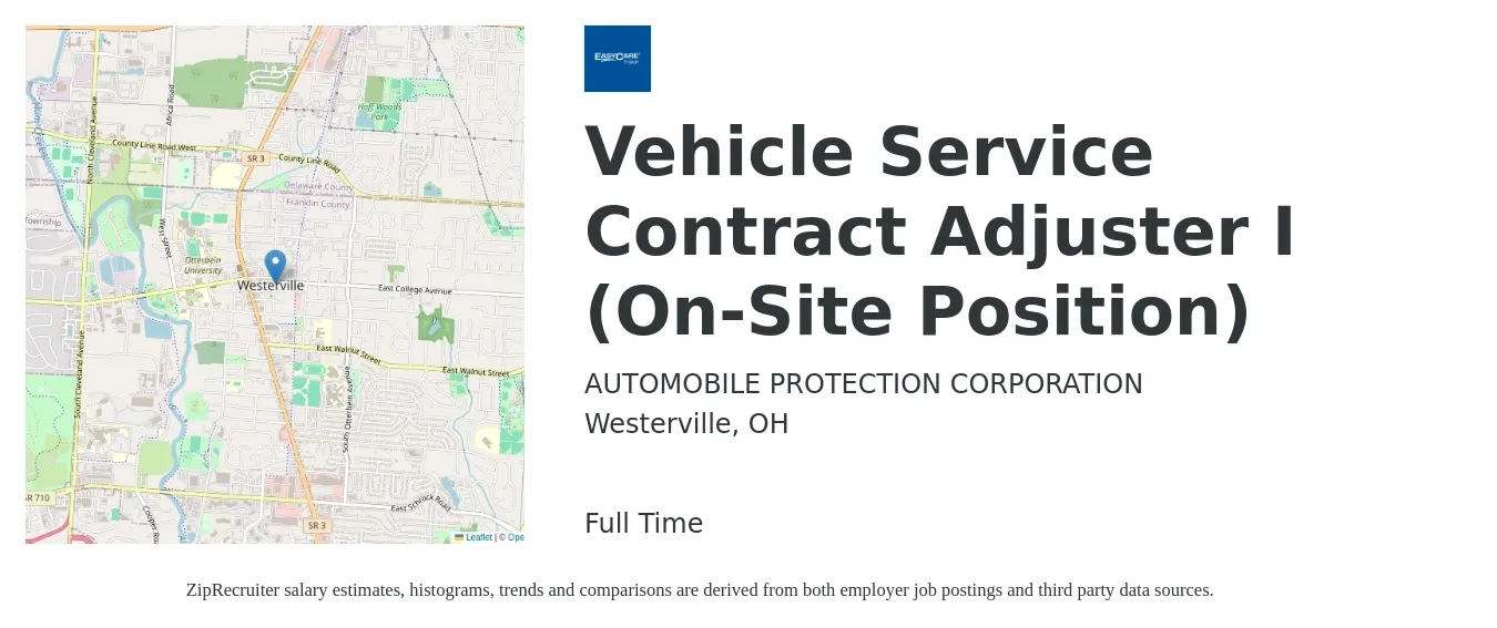 AUTOMOBILE PROTECTION CORPORATION job posting for a Vehicle Service Contract Adjuster I (On-Site Position) in Westerville, OH with a salary of $49,000 to $56,000 Yearly with a map of Westerville location.