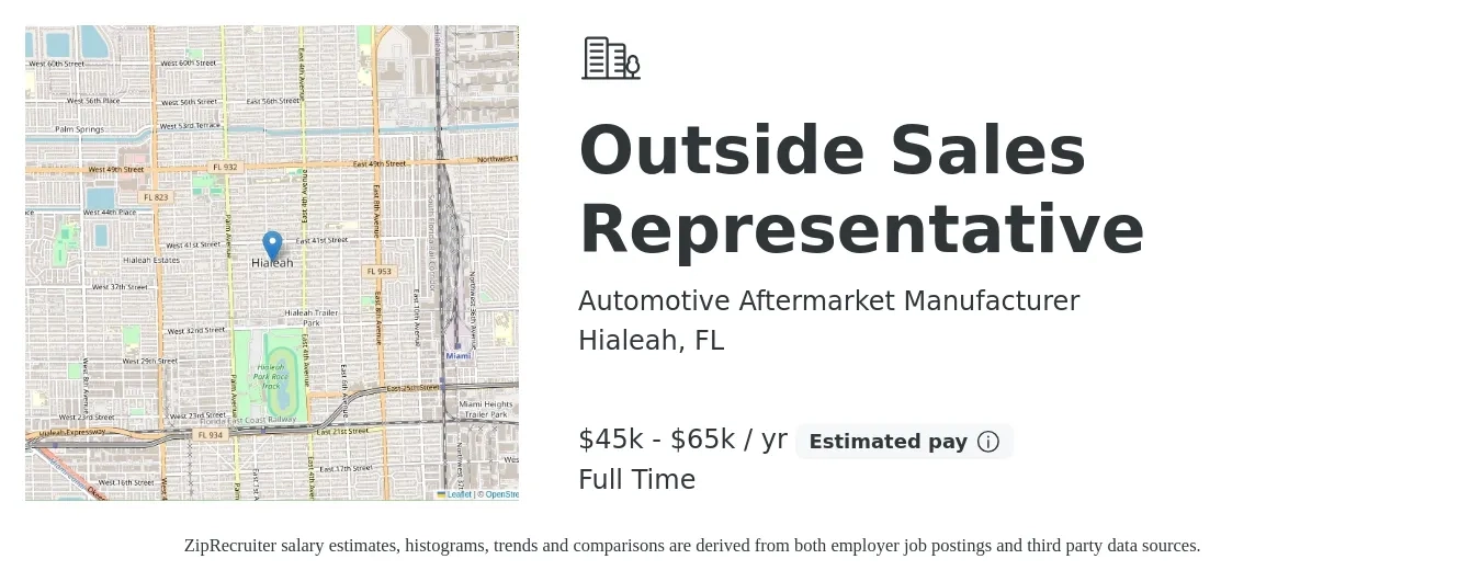 Automotive Aftermarket Manufacturer job posting for a Outside Sales Representative in Hialeah, FL with a salary of $45,000 to $65,000 Yearly with a map of Hialeah location.