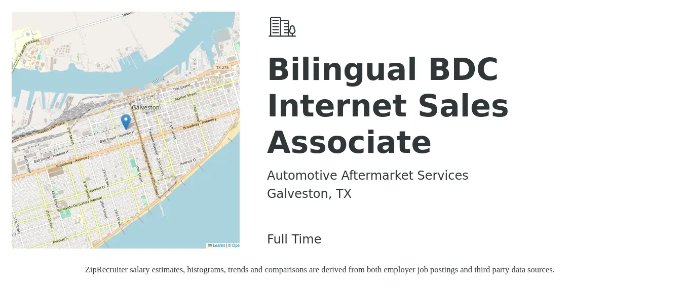 Automotive Aftermarket Services job posting for a Bilingual BDC Internet Sales Associate in Galveston, TX with a salary of $14 to $19 Hourly with a map of Galveston location.