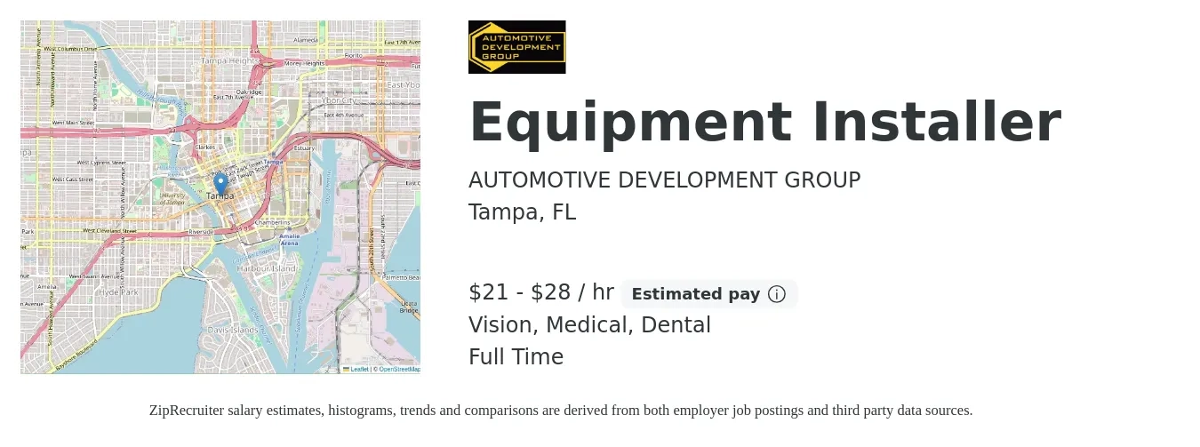 AUTOMOTIVE DEVELOPMENT GROUP job posting for a Equipment Installer in Tampa, FL with a salary of $22 to $30 Hourly and benefits including vision, dental, life_insurance, medical, and retirement with a map of Tampa location.