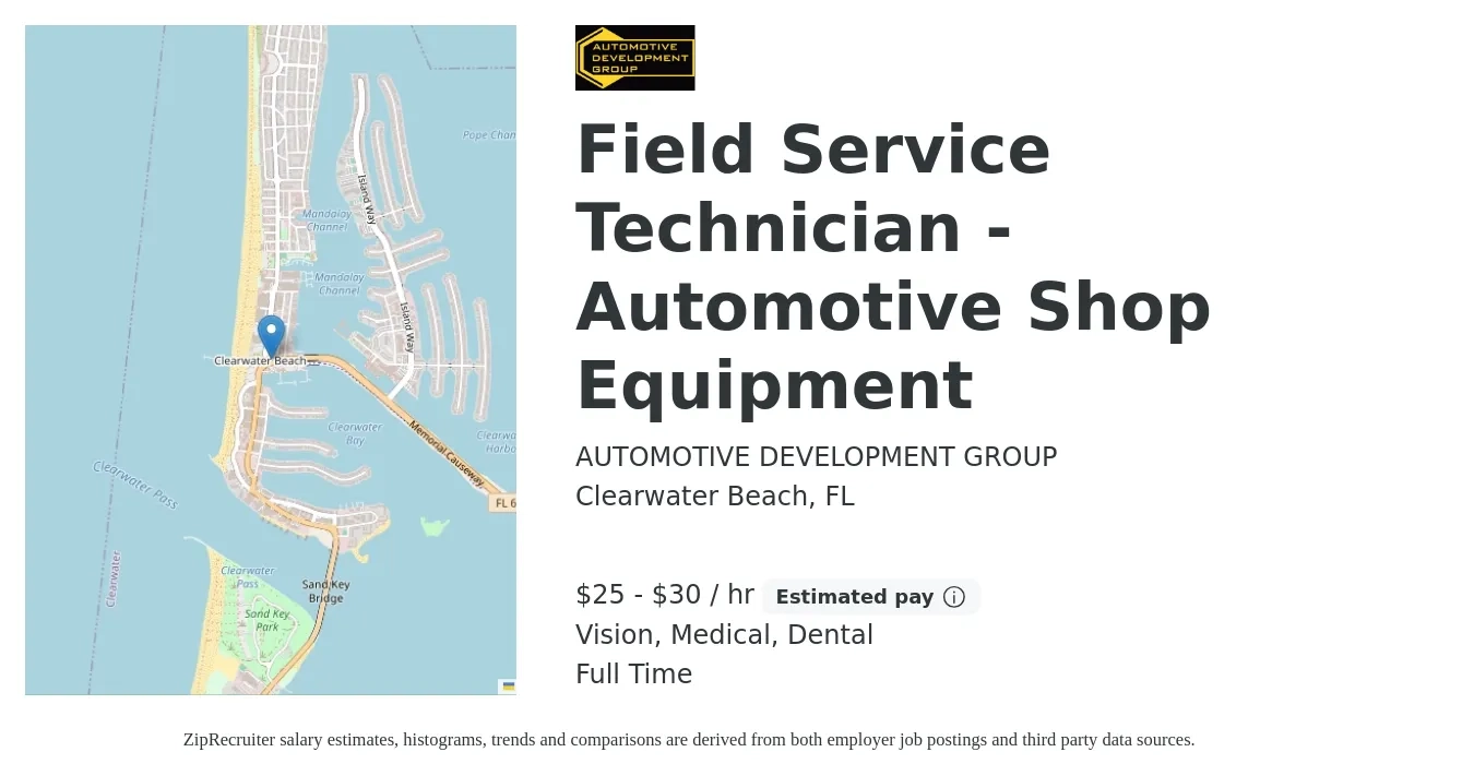 AUTOMOTIVE DEVELOPMENT GROUP job posting for a Field Service Technician - Automotive Shop Equipment in Clearwater Beach, FL with a salary of $26 to $32 Hourly (plus commission) and benefits including dental, life_insurance, medical, retirement, and vision with a map of Clearwater Beach location.